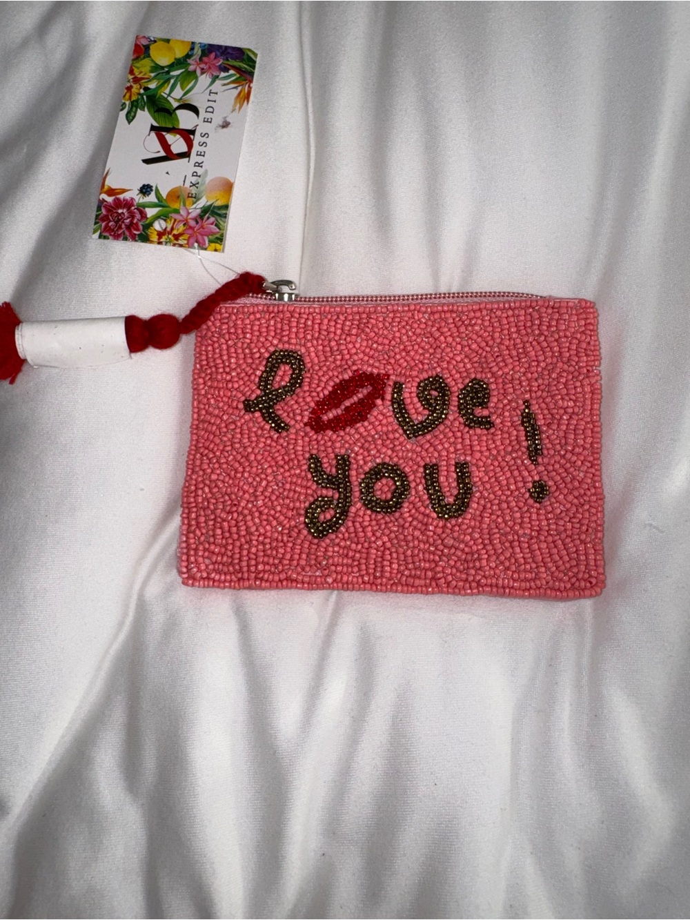 Pink Love You Beaded Zipper Pouch New with Tags